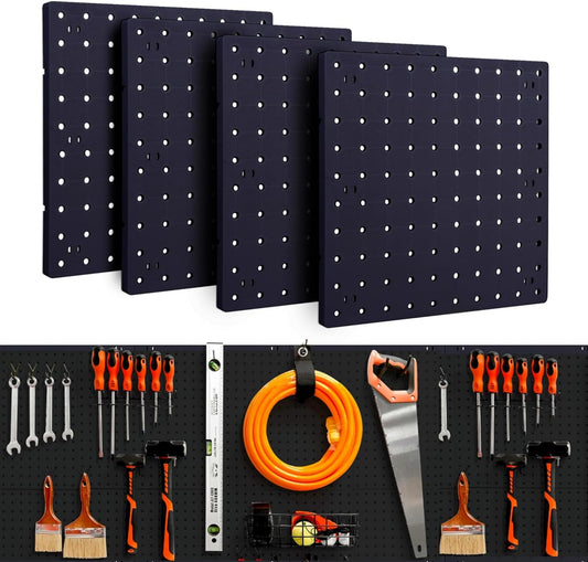 4Pcs Peg Board, Black Pegboard Wall Organizer Panels Wall Mount, ABS Pegboard for Craft Room Garage Kitchen Workshop, ABS Peg Boards Easy Installation