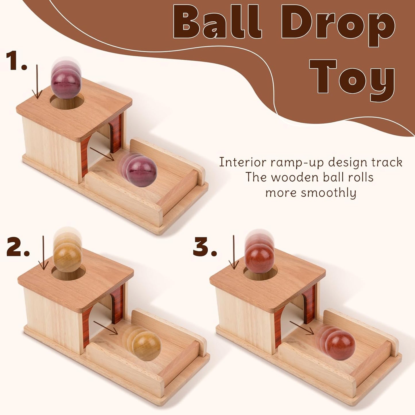 Adena Montessori Wooden Toy for 6-12 Month Baby 3 Balls with Tray, Object Permanence Box Colorful Learning Education Toy for Toddler Kid 1-2 Year Old, Preschool Developmental Girl and Boy Gift