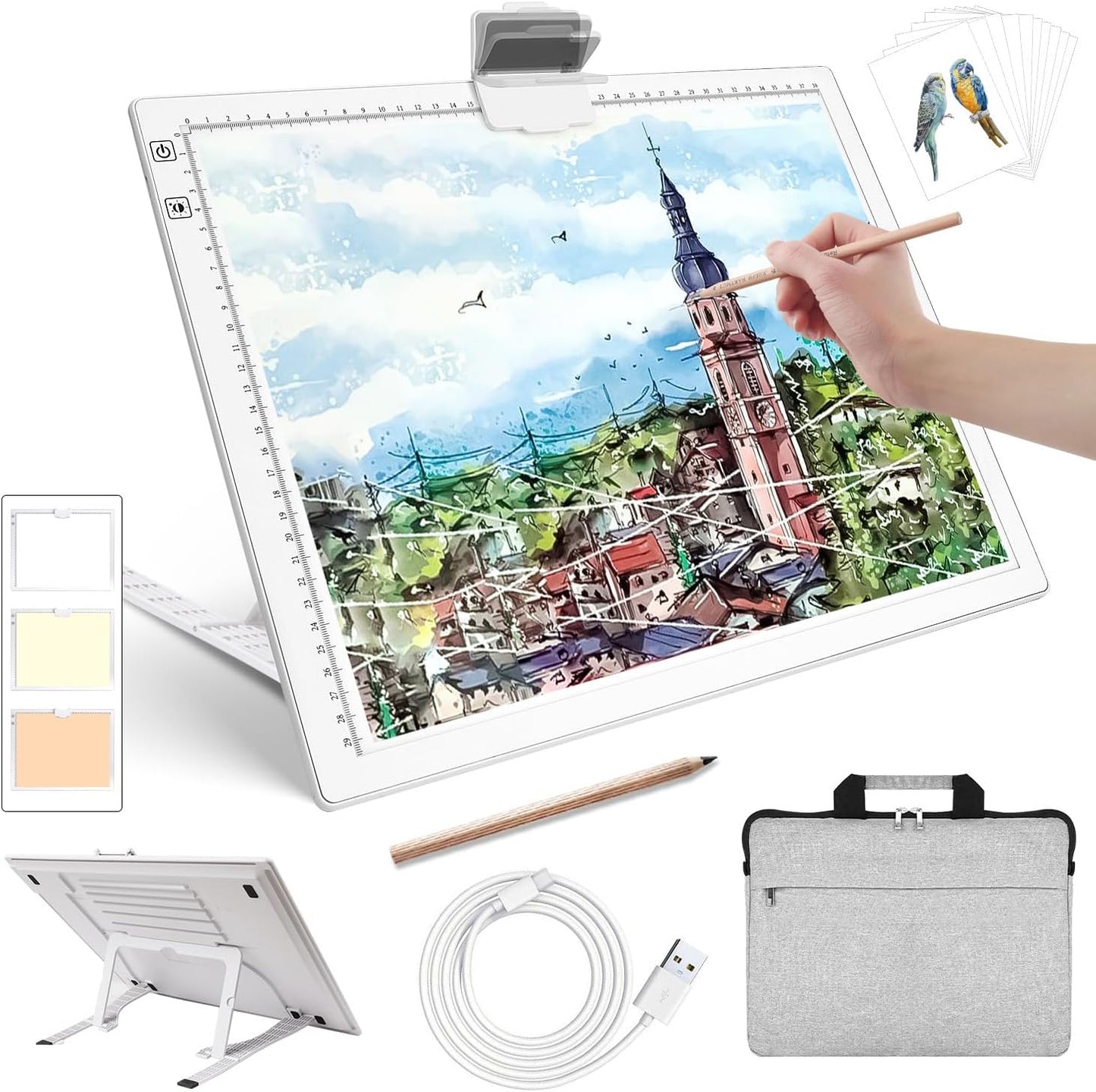 Rechargeable A3 Light Pad for Diamond Painting,Tracing Light Box with Stand and Clip,3 Colors Stepless Dimmable and 6 Levels of Brightness Light Board for Artists,Drawing,Sketching,Animation