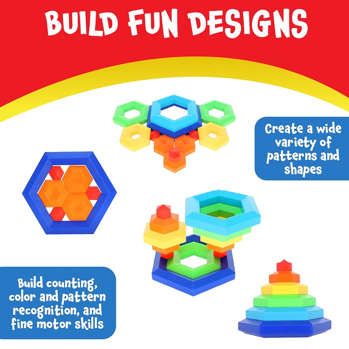 POPULAR PLAYTHINGS Hexacus Pyramid Stacking Blocks, Pattern Building Educational Toy, Stem Learning Gift for Kids Ages 2–6 – 12 Pieces