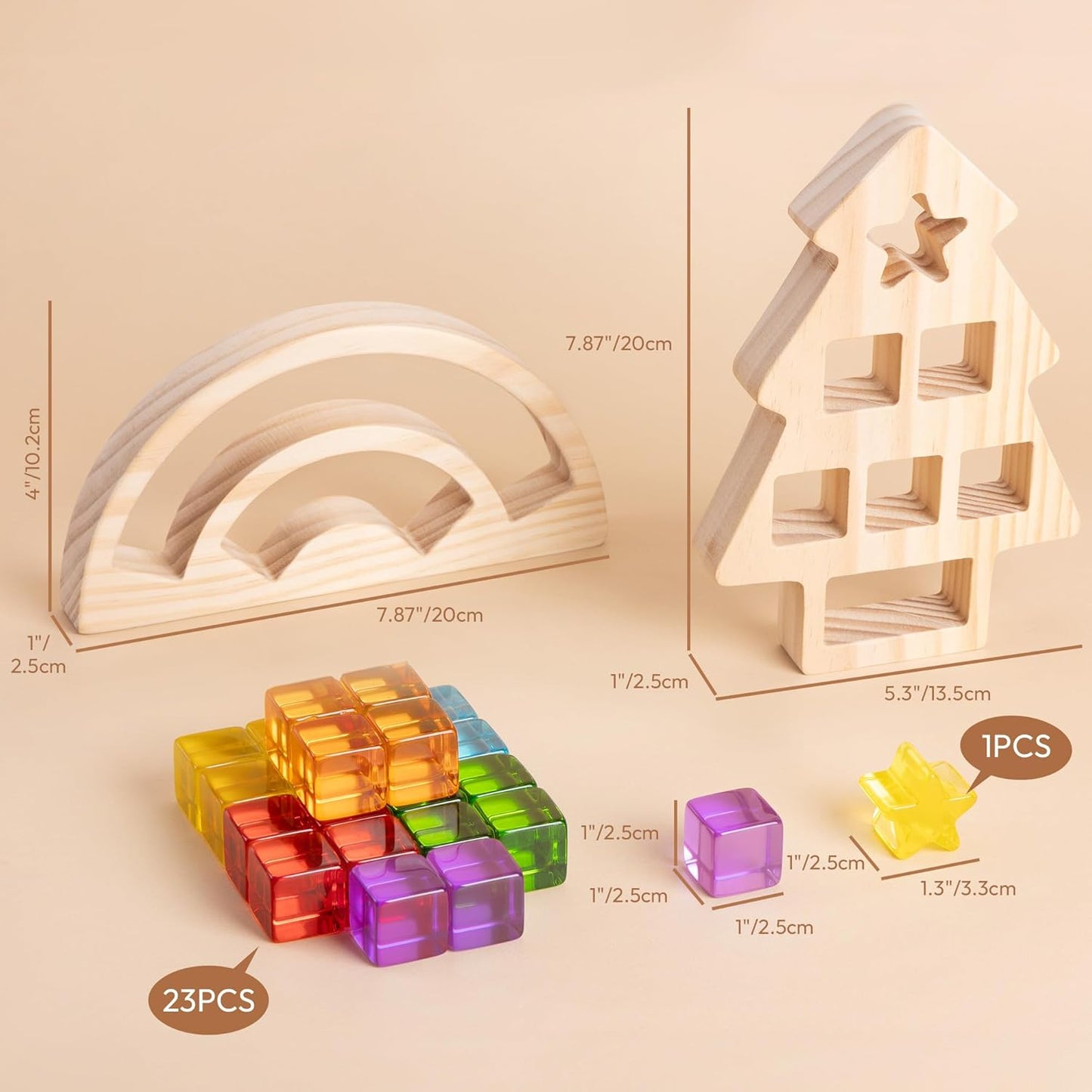 Woodtoe Wooden Building Blocks Set for Kids, 36 PCS Rainbow Acrylic Gem Blocks - 3 Wood House, Montessori Stacking Toy for Toddlers, Educational STEM Birthday Creative Toy Gift for Boys Girls 3-6