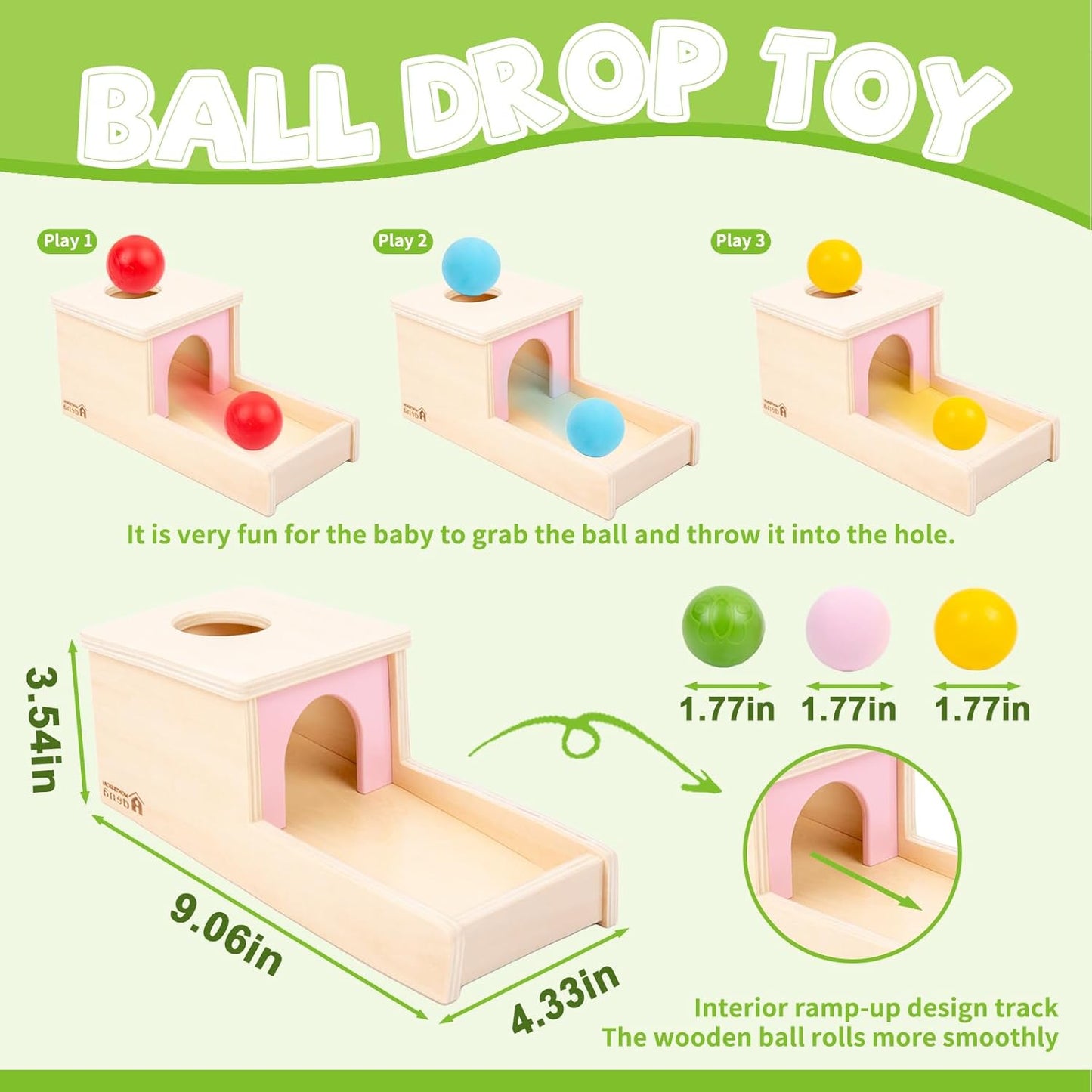 Adena Montessori Wooden Toy for 6-12 Month Baby 3 Balls with Tray, Object Permanence Box Colorful Learning Education Toy for Toddler Kid 1-2 Year Old, Preschool Developmental Girl and Boy Gift