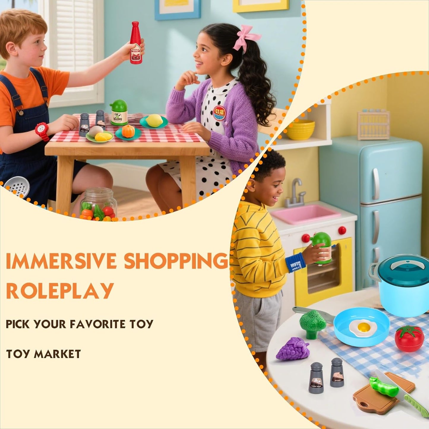 150Pcs Kitchen Playset, Toddlers Pretend Cooking Cookware Accessories, Food, Picnic Blanket, Fruits, Veges, 2Pack Shopping Storage Basket, Dessert and Prop Money, Gift for Kids (Pink)
