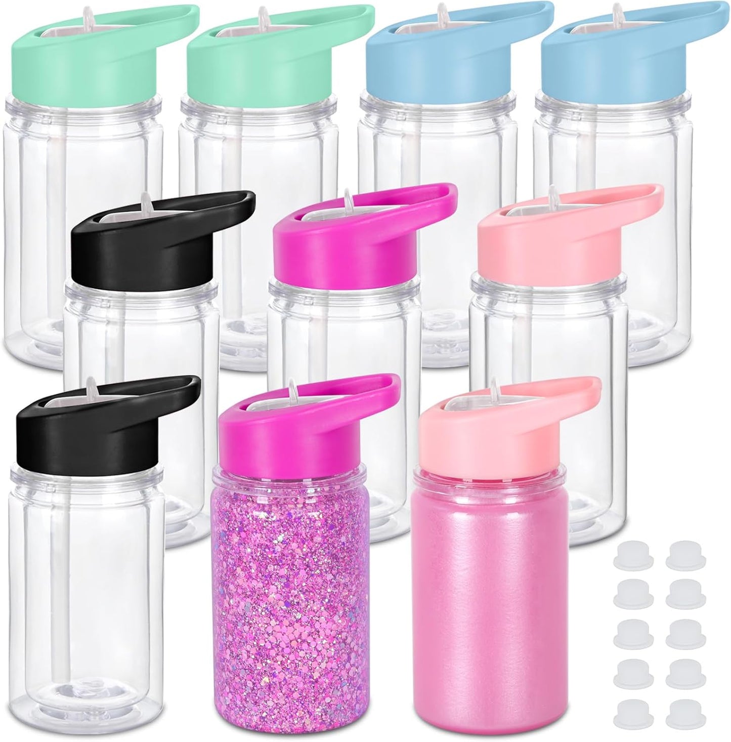 10 Oz Plastic Kids Snowglobe Tumbler with Pre-Drilled Hole and Plug, 6 Pack Double Wall Acrylic Snowglobe Cup for Glitter, Black