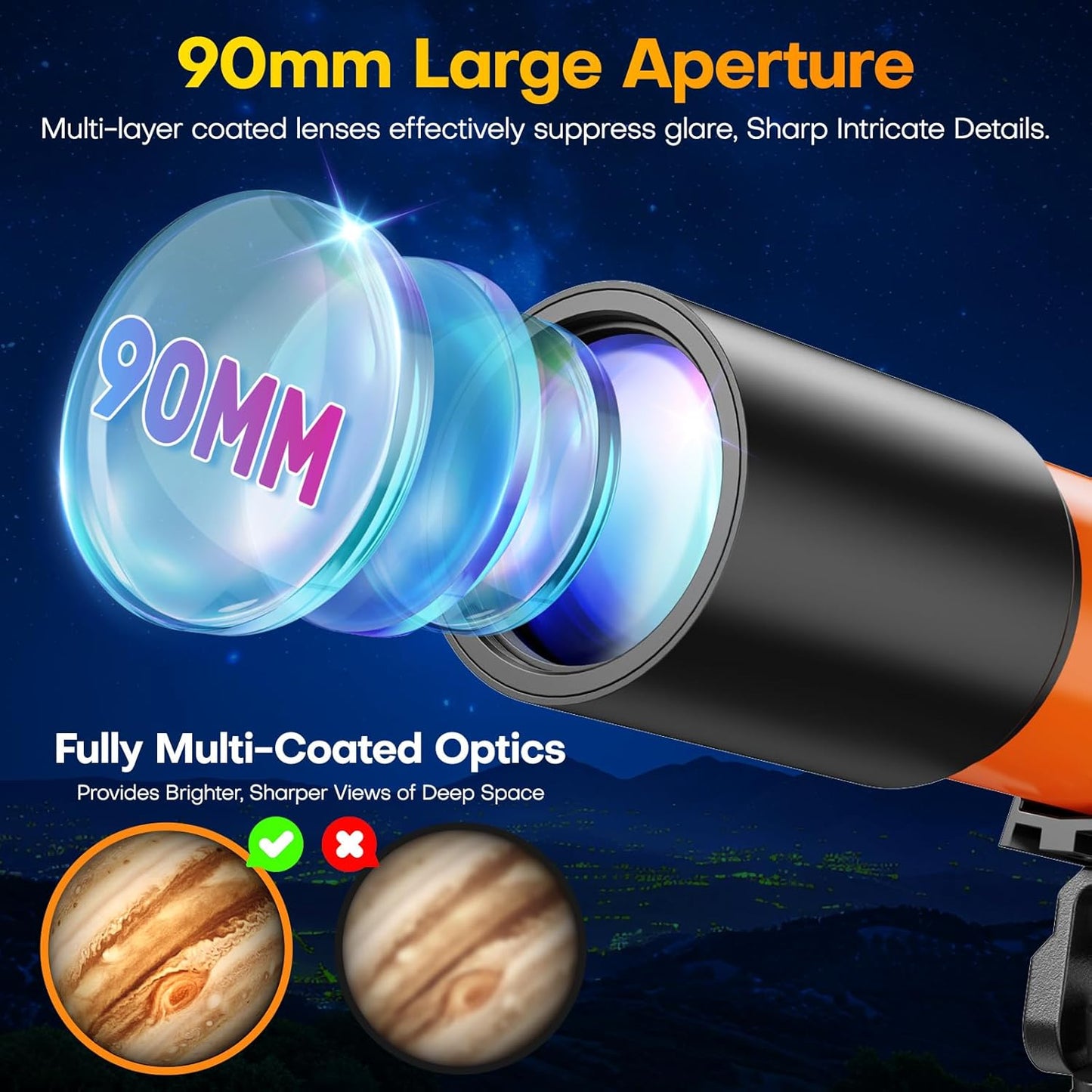 USCAMEL Telescope for Adults High Powered: 90mm Astronomical Portable Refractor for Beginners Kids 8-12 - Tripod & Phone Mount for Travel Stargazing Photography (Orange)
