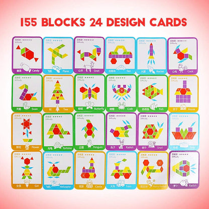 JCREN Wooden Pattern Blocks Montessori Toys Shape Puzzles Kindergarten Classic Educational Tangram Geometric Brain Teaser Toys Best STEM for Kids Ages 4-8 with 24 Pcs Cards