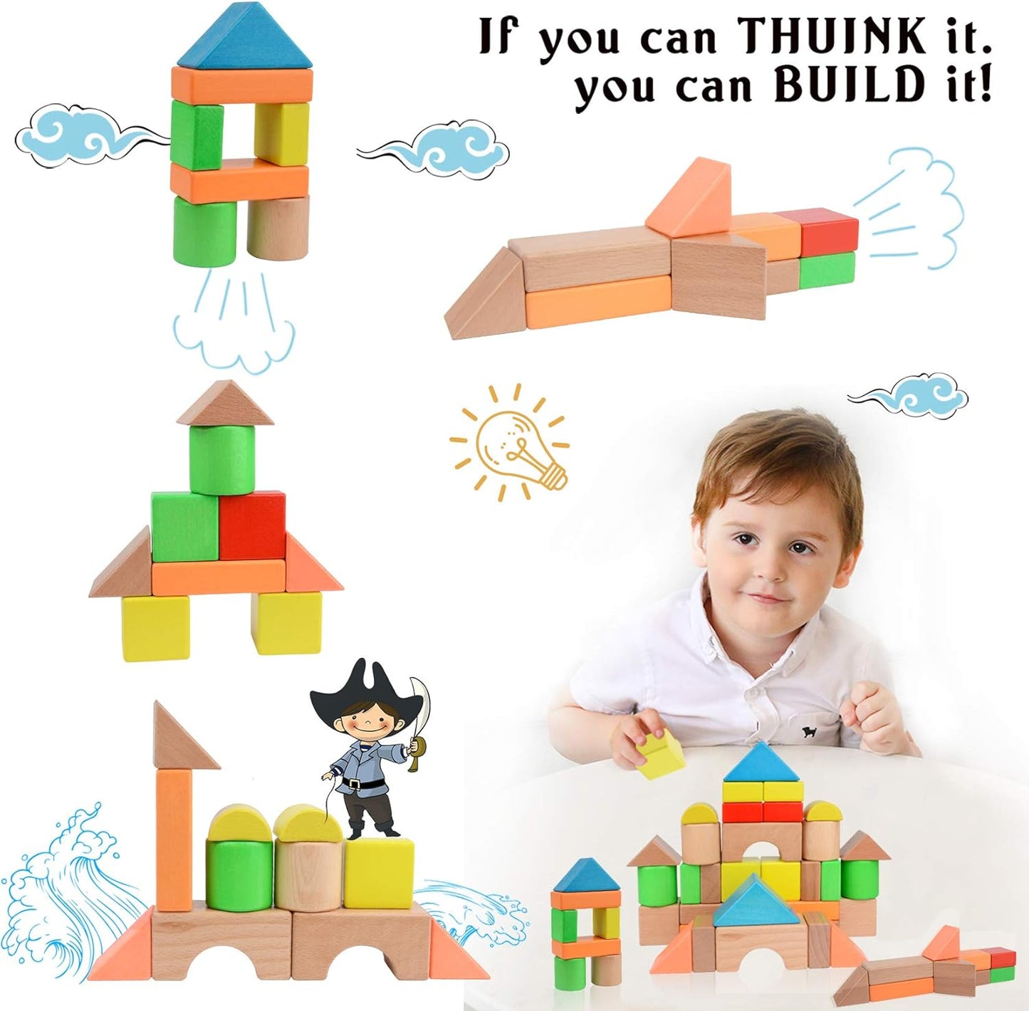 Migargle Large Wooden Building Blocks Set - Educational Preschool Learning Toys with Carrying Bag, Toddler Blocks Toys for 3+ Year Old Boy and Girl Gifts