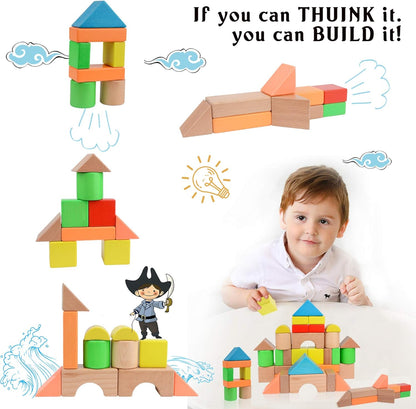 Migargle Large Wooden Building Blocks Set - Educational Preschool Learning Toys with Carrying Bag, Toddler Blocks Toys for 3+ Year Old Boy and Girl Gifts