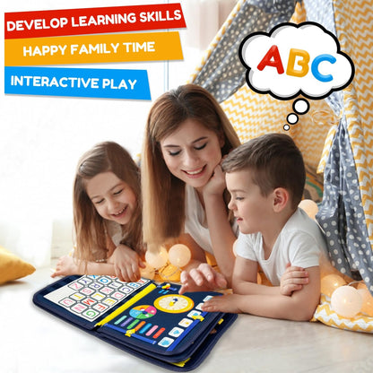 Qizfun Montessori Busy Board & Busy Book for Toddlers – Sensory & Learning Toy That Keeps Kids Busy, Travel Toy for Airplane & Car, Screen for Boys & Girls (Blue/P4)
