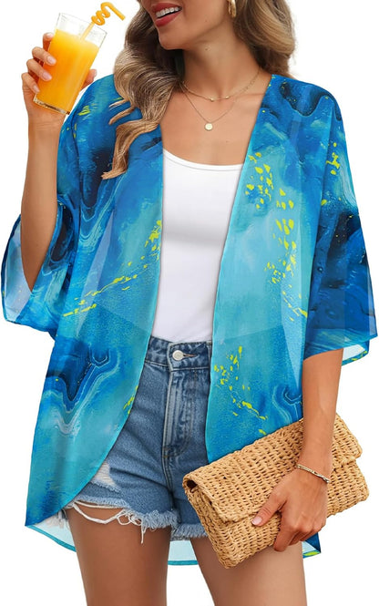 Womens Kimono Cardigans Beach Cover ups Swimwear Puff Sleeve Loose Casual Summer Tops 2026
