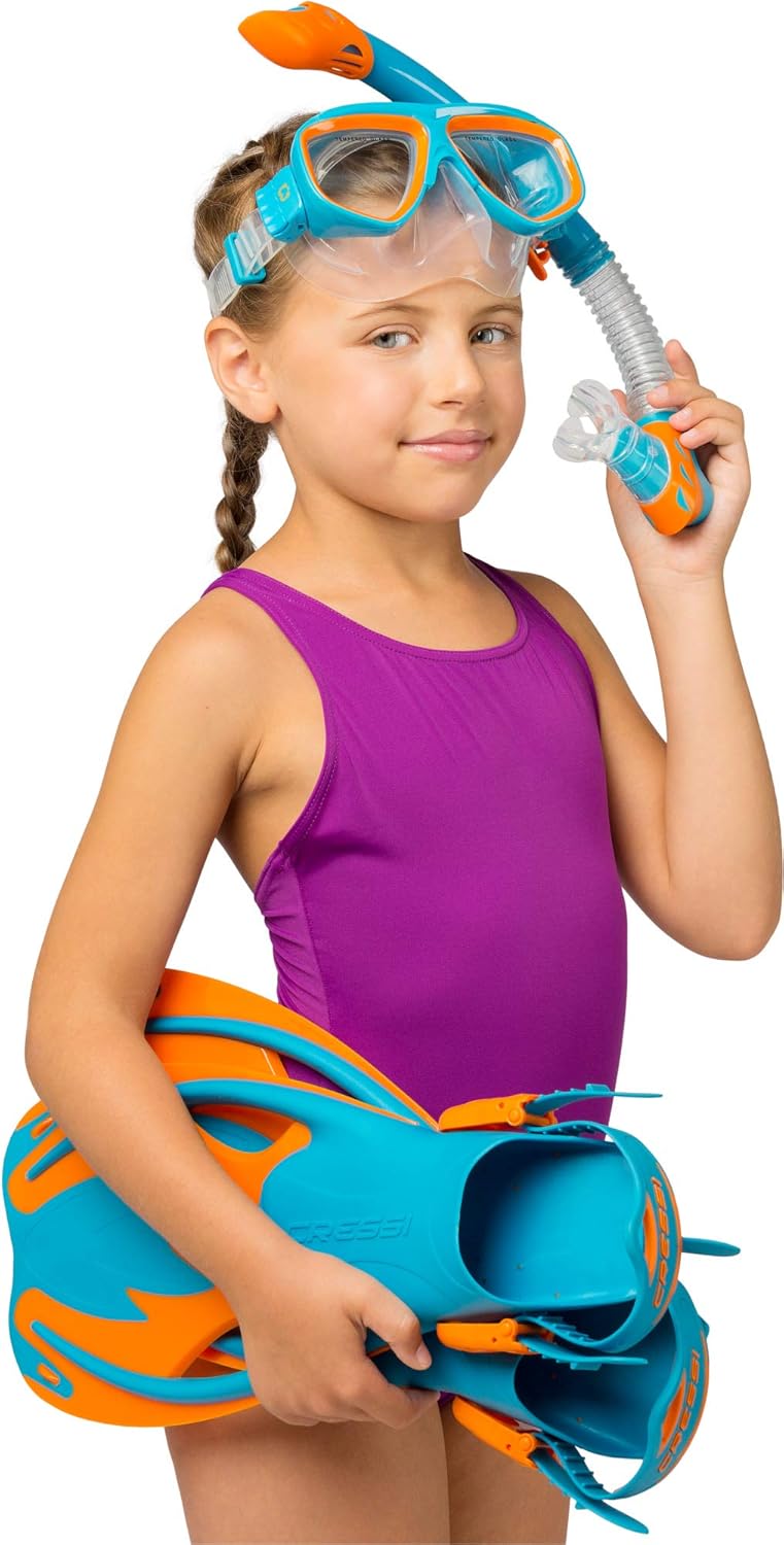 Cressi Junior Snorkel Kit for Kids Ages 3 to 8 - Mask + Dry Snorkel + Adjustable Fins + Net Bag – Rocks Kids Set