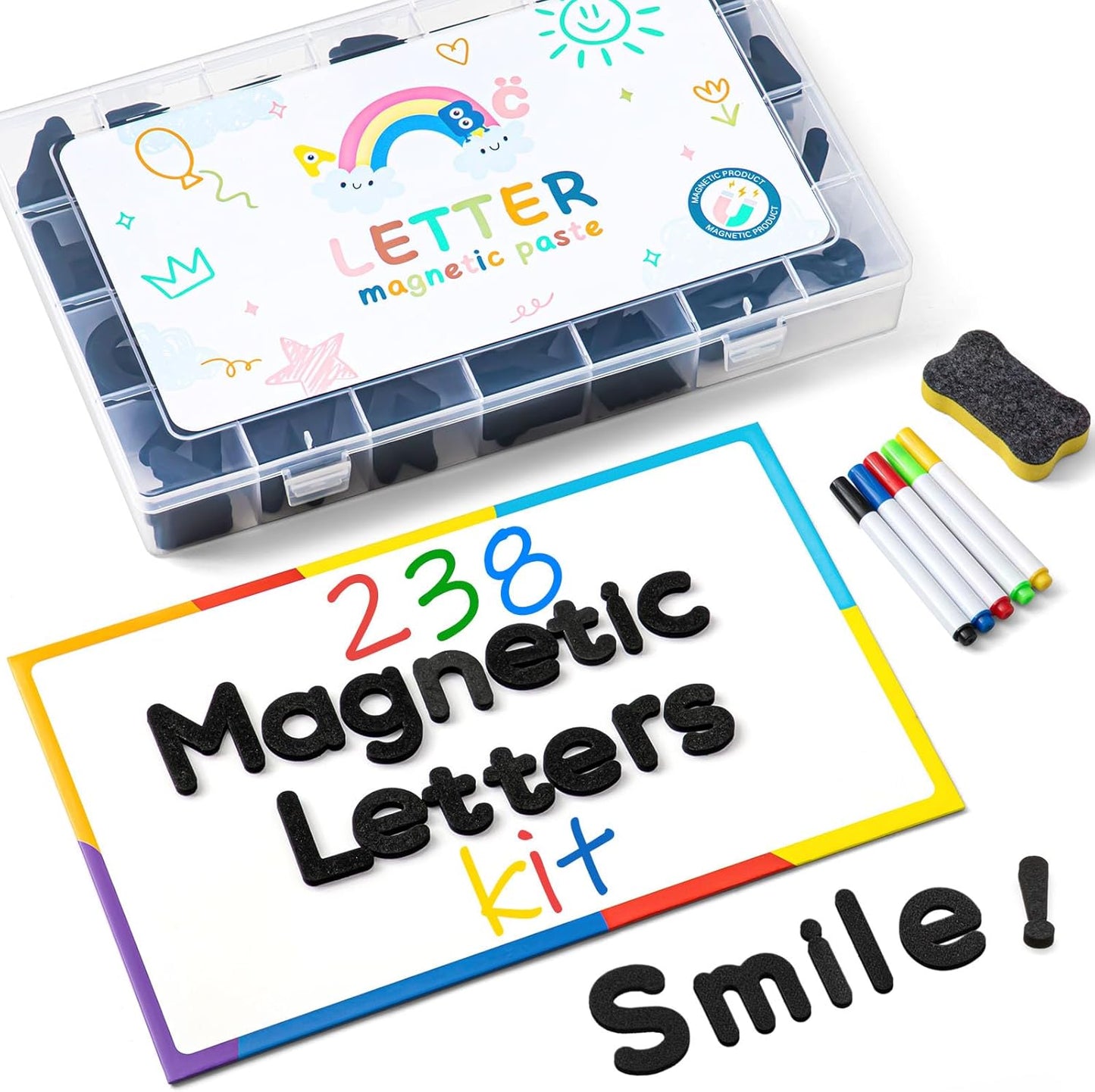 MotiMind 246 Pcs Soft Foam Magnetic Alphabet Letters Kit EVA Alphabet Learning Toys with Whiteboard and Pens Fridge Magnets for Preschool Kids Toddler Spelling and Learning (Boho Color)