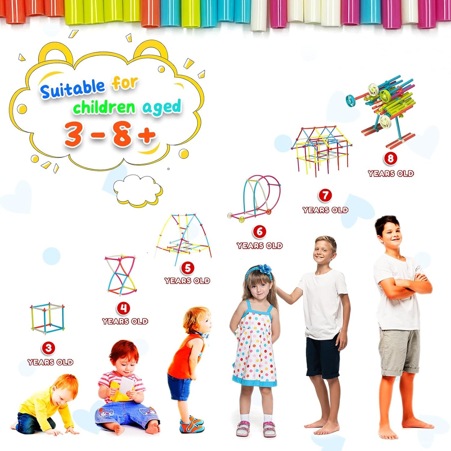 Ggiibro Straw Constructor Toys 600Pcs STEM Building Toy Interlocking Plastic Engineering Thin Tube Blocks Educational Kit for 3 4 5 6 7years Kids Boys and Girls Gift Preschool Toy with Storage Box