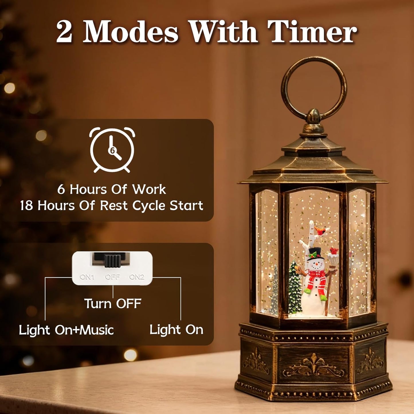 Christmas Snow Globes Lantern, Church and Christmas Tree Christmas Decorations Indoor, 6H Timer Battery & USB Powered Light Up Musical Snow Globes for Kids Women Adults Gift Thanksgiving Home Decor