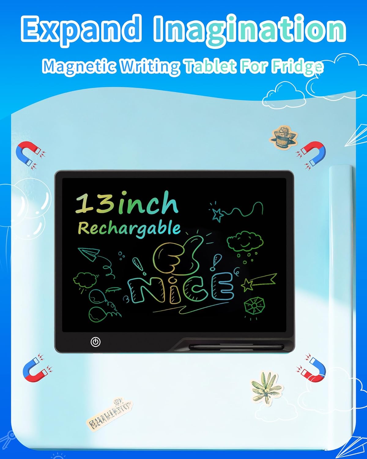 Magnetic LCD Writing Tablet for Fridge, 13 Inch Writing Tablet for Kids, Toddler Drawing Pad, Learning Toys for Boys Girls Ages 3.4.5.6.7.8, Writing Board for to-Do Lists and Family Messages (Blue)