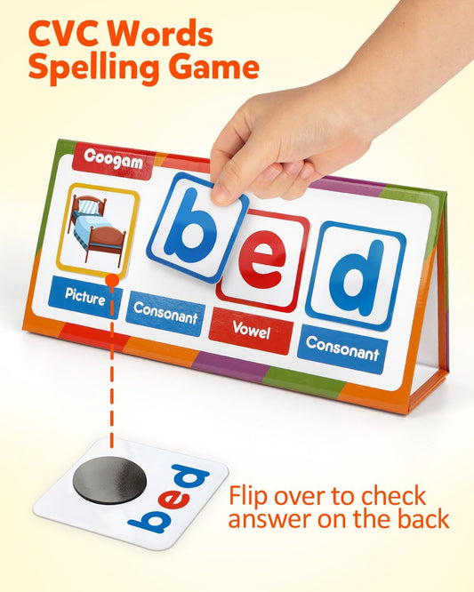 Coogam CVC Word Builder, Magnetic Sight Word Games with Flashcards, Matching Letter Reading and Spelling Game, Montessori Alphabet Educational Toy Gift for Preschool 3 4 5 Year Old Kids Toddlers