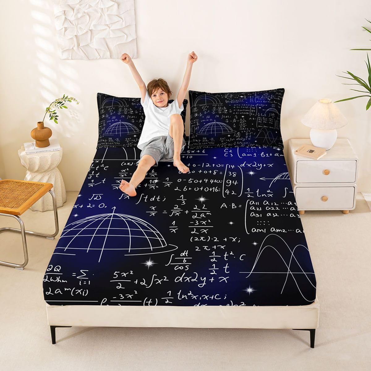 Erosebridal Science Theme Bed Sheets Set Full Size for Boys Girls Chemistry Periodic Table Print Sheet Set Chemical Subject Theme Sheets Teens Kids Math Science Atyle Fitted Sheet 4 Pcs