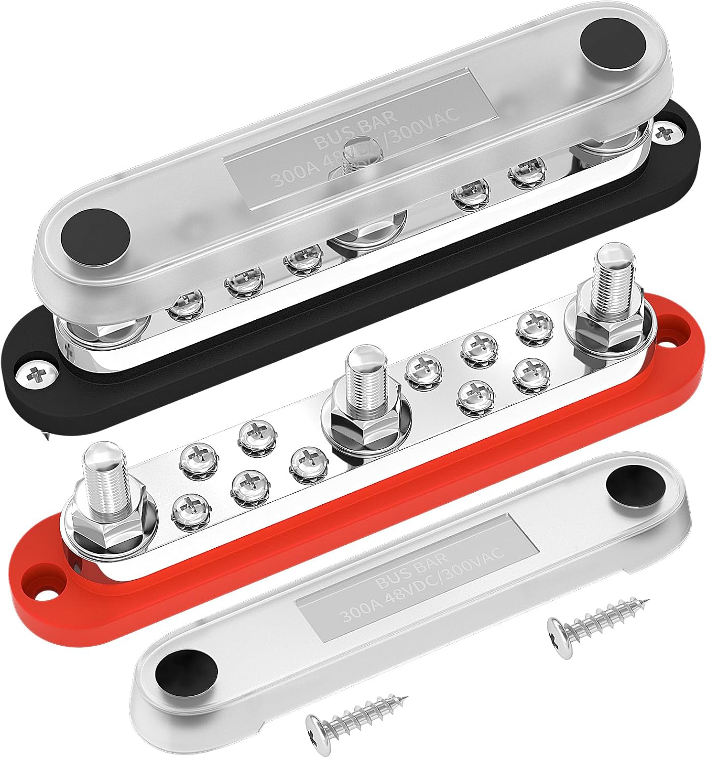 DaierTek 300A Copper Bus Bar 12V, Power Distribution Block with Cover 3 x 3/8” M10 Studs & 10 x M5 Terminal Screws for Car Marine Solar Battery Negative & Positive