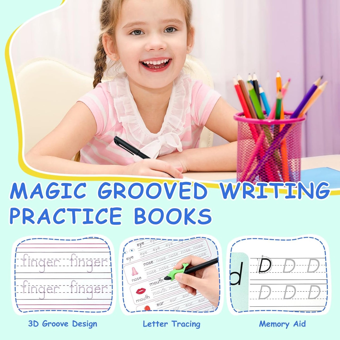 Grooved Handwriting Practice for Kids, Magic Grooved Writing Practice Books, 7 Reusable Tracing Workbooks for Preschool & Kindergarten, Learn Letters & Numbers for Ages 3–8 (7)