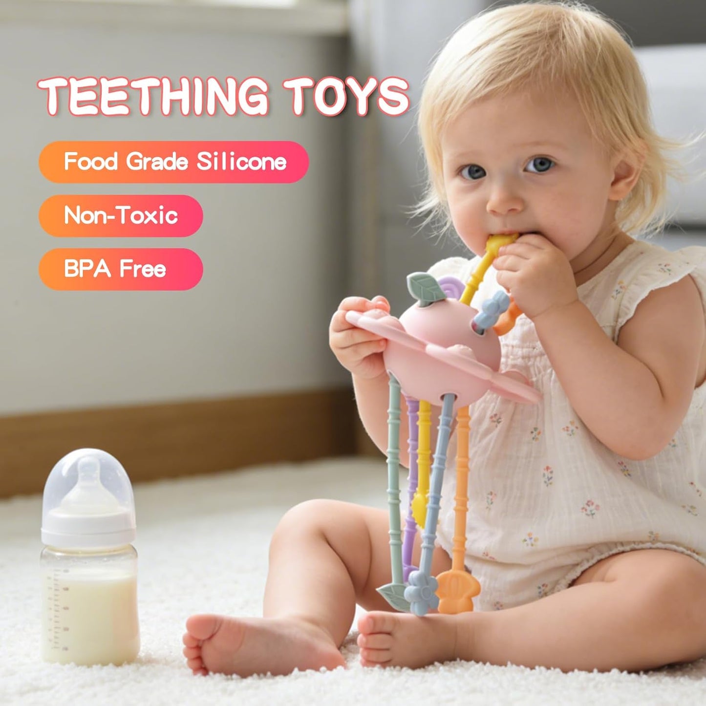 Food Grade Silicone Pull String Baby Toy, Montessori Pull String Sensory Toy for 18 Months Babies Teething Toys (Navy Blue)