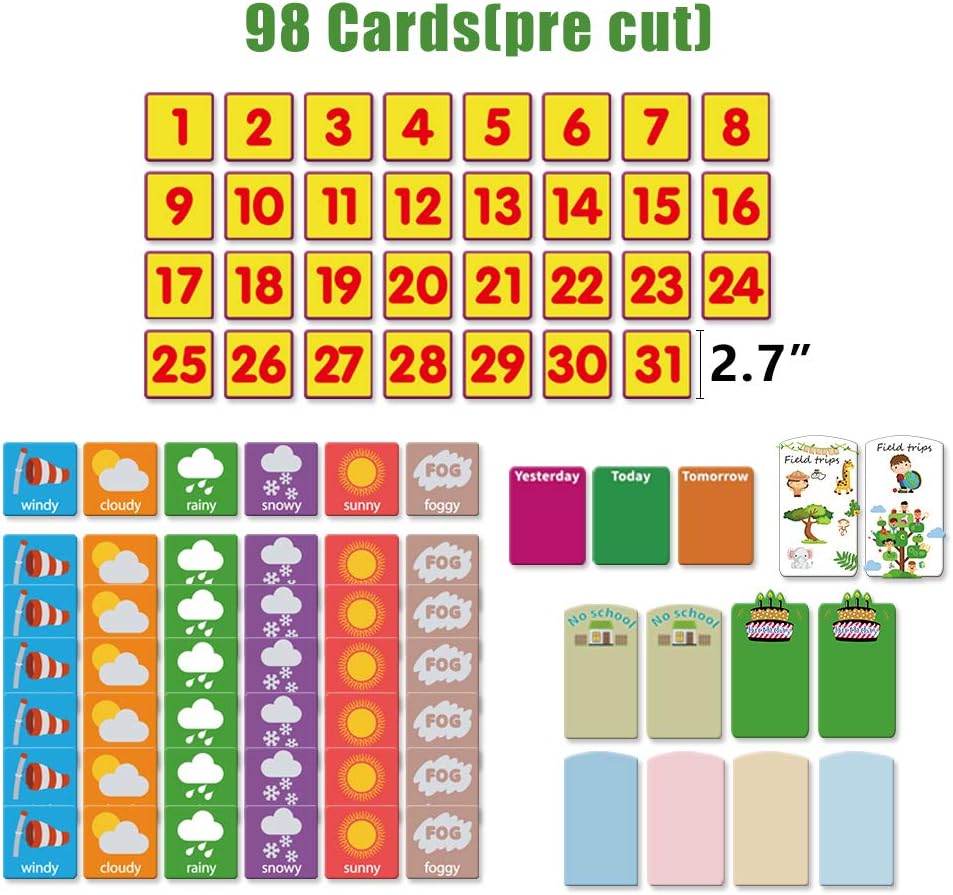 Weekly Calendar with Weather Pocket Chart Elementary for Classroom Home,98 Bright Cards Included,Learning Pocket Chart Calendar for Kids Toddlers