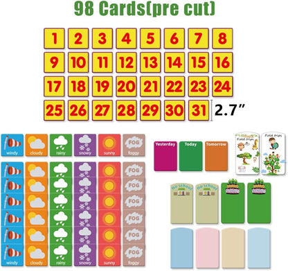 Weekly Calendar with Weather Pocket Chart Elementary for Classroom Home,98 Bright Cards Included,Learning Pocket Chart Calendar for Kids Toddlers