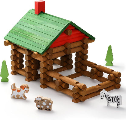 SainSmart Jr. 110 PCS Wooden Log Cabin Set Building House Toy for Toddlers, Classic STEM Construction Kit with Colorful Wood Logs Blocks for 3+ Years Old