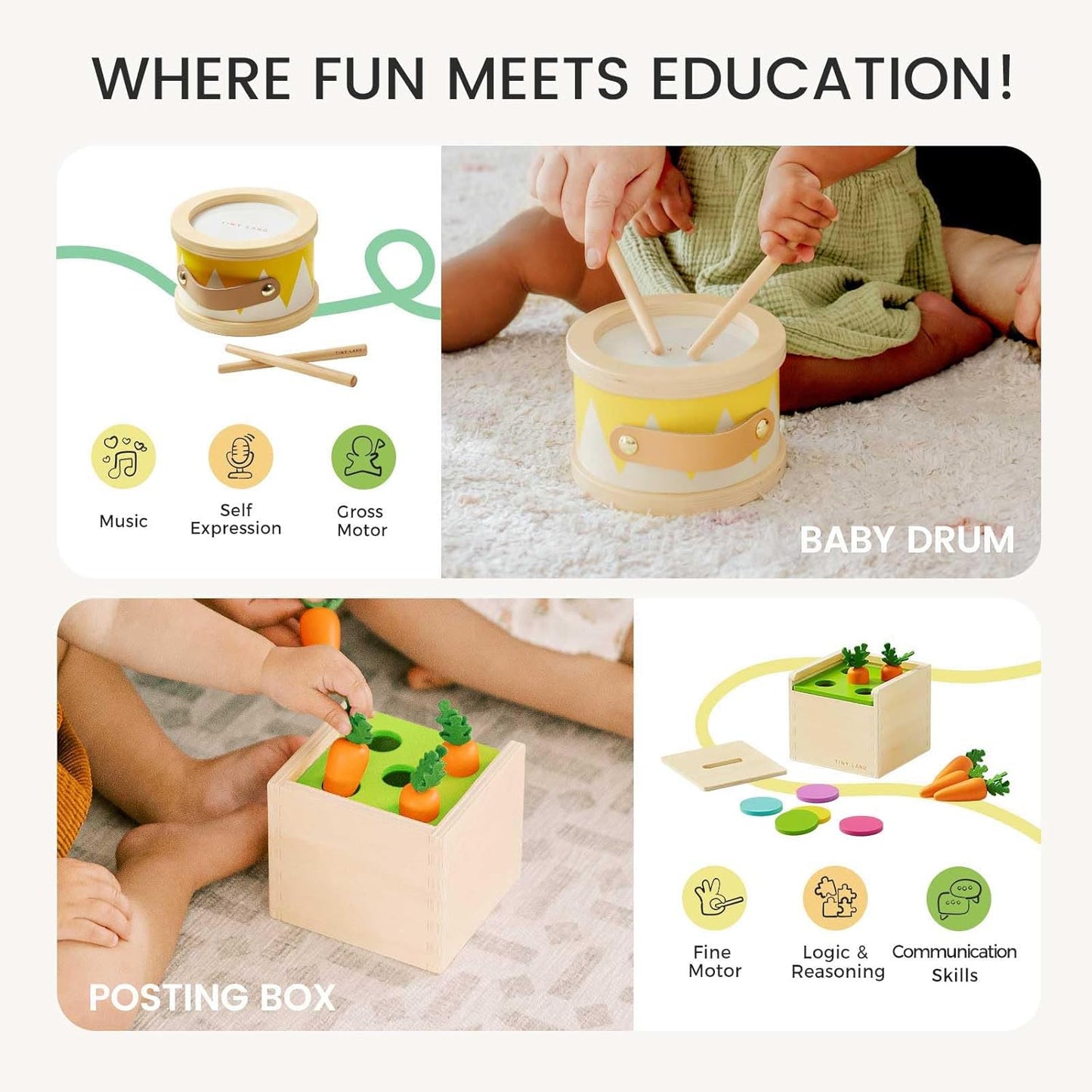 Tiny Land Montessori Toy Set for Babies 7-9 Months Senser Play Kit - 5-in-1 Wooden Learning Toys with Object Permanence Box, Sensory Ball, Stacking Cups and Mirror Puzzle,Body Board Book