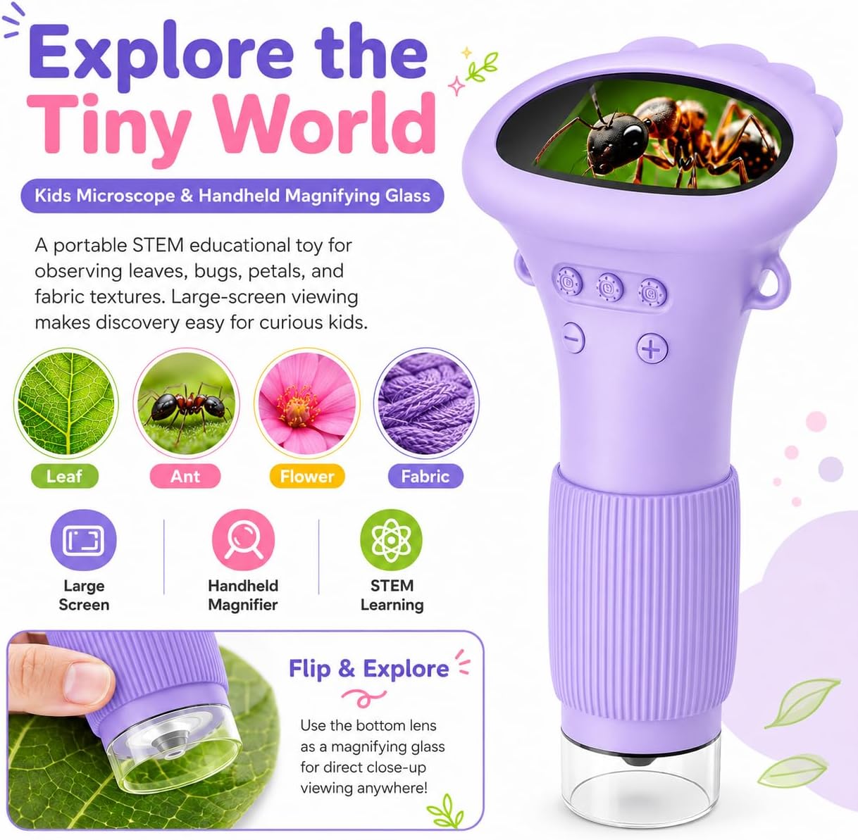 Kids Microscope Digital Camera, 1000X Handheld Camera Microscope for Kids with 2'' Screen, Educational Magnifying Glass Toy Christmas Birthday Gifts for Age 3 4 5 6 7 8 9 10 11 12 Girls Boys - Purple