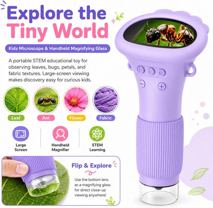 Kids Microscope Digital Camera, 1000X Handheld Camera Microscope for Kids with 2'' Screen, Educational Magnifying Glass Toy Christmas Birthday Gifts for Age 3 4 5 6 7 8 9 10 11 12 Girls Boys - Purple