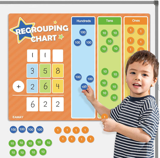 EAMAY Regrouping Base Ten Place Value Manipulatives, Addition and Subtraction Math Manipulatives for 1st 2nd 3rd Grade Classroom Must Haves! Kit with Magnetic Dry Erase Board and Magnetic Chips.