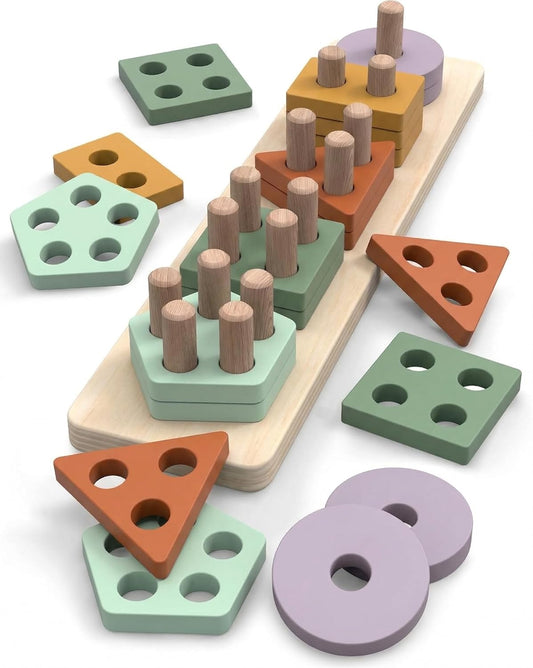 ANGORA BRANDS Montessori Wooden Shape Sorter & Stacking Toy for Toddlers 3+, Educational Puzzle that Builds Fine Motor & Cognitive Skills by Playfully