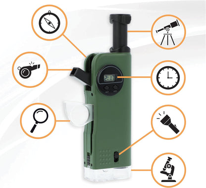 Carson X-Scope Kids 7 Function Multi Purpose Optical Pocket Tool with 30x Microscope, 8x Telescope, 9x Fold-Out Magnifier, Flashlight, Signal Whistle, Directional Compass and Digital Clock (CP-11)