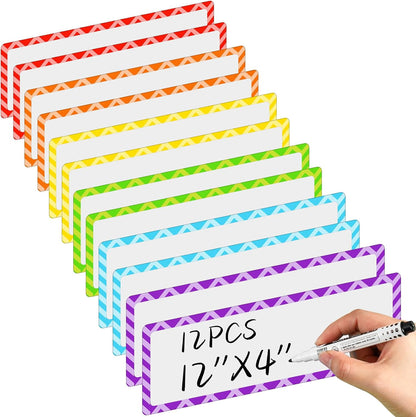 Janlaugh 12 Pcs Large Magnetic Dry Erase Labels for Classroom, 12 x 4 Inch Rectangle Magnetic Name Plates Label Flexible Magnet Stickers for Whiteboards Refrigerator(Rainbow Color,Style 1)