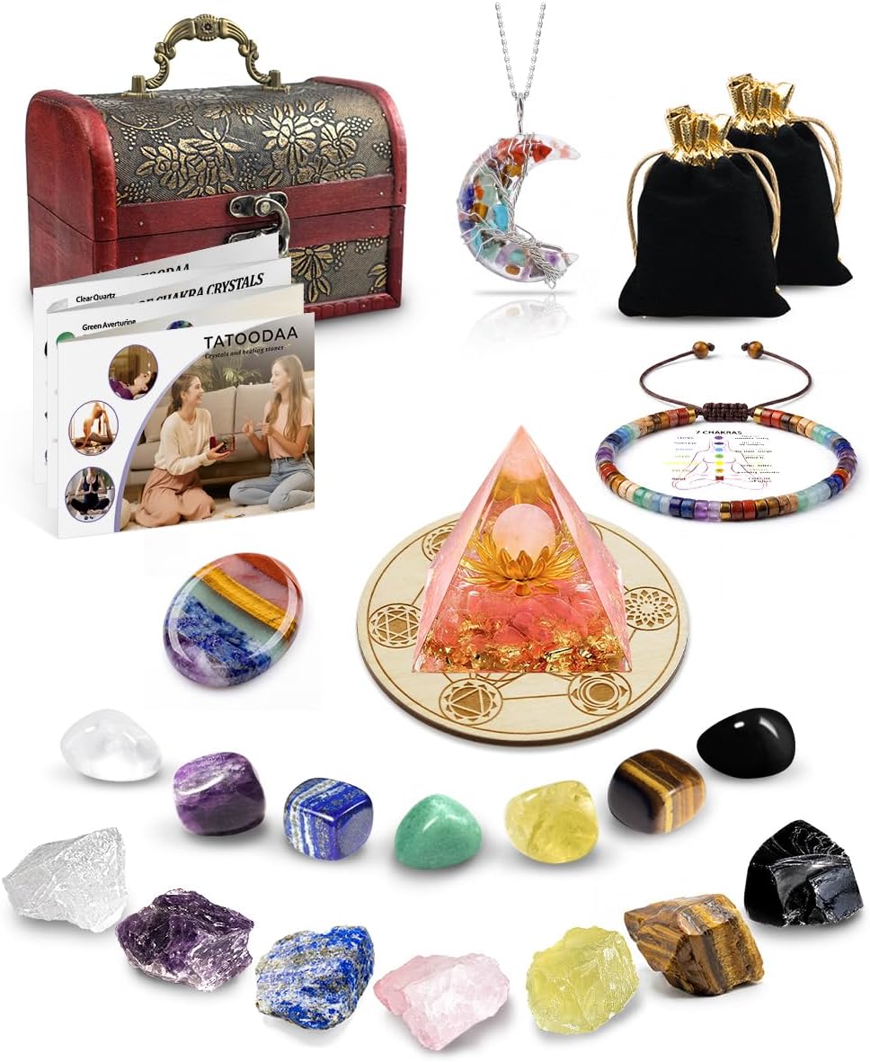 Crystals and Healing Stones, 9 Pcs Healing Crystals Set, 7 Chakra Crystal Stones Set Real Natural Selenite Pyramid Reiki Raw Rock Energy Protection Meditation with Wooden Box, Crystal Gifts for Women