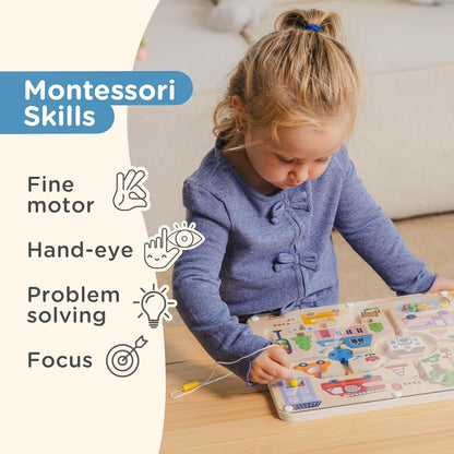 Nene Toys Magnetic Maze Board – Toddler Travel Toy 2+ – Montessori Busy Board Alternative – Bead Maze Puzzle with Tethered Stylus – Quiet Car/Plane Activity – Fine Motor Skills, Hand-Eye Coordination