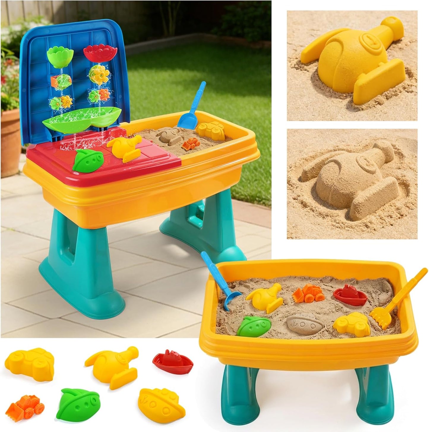 Kids Sand and Water Table, 2 in 1 Toddler Activity Table with Water Wheel & Sand Tools, Outdoor Indoor Sensory Play Sandbox Table for Toddlers, Summer Beach Water Toys for Boys Girls Age 3+