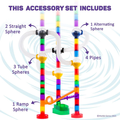 Marble Genius Marble Run Pipe & Sphere Accessory Add-on Set - 10 Pcs Total (4 Pipes, a Ramp, 5 Spheres), Alternating, Straight, & Tubes for Creating Exciting Mazes, Tracks, Runs, and Races