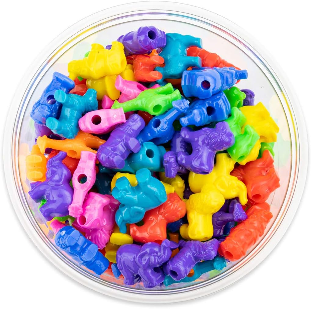 Hygloss Animal Shaped Beads 50 Pcs Plastic Zoo Safari Animal Pony Bead Charms - Colorful Craft Beads - for Kids DIY Craft Jewelry Making Necklace Bracelet Supplies, Resealable Container