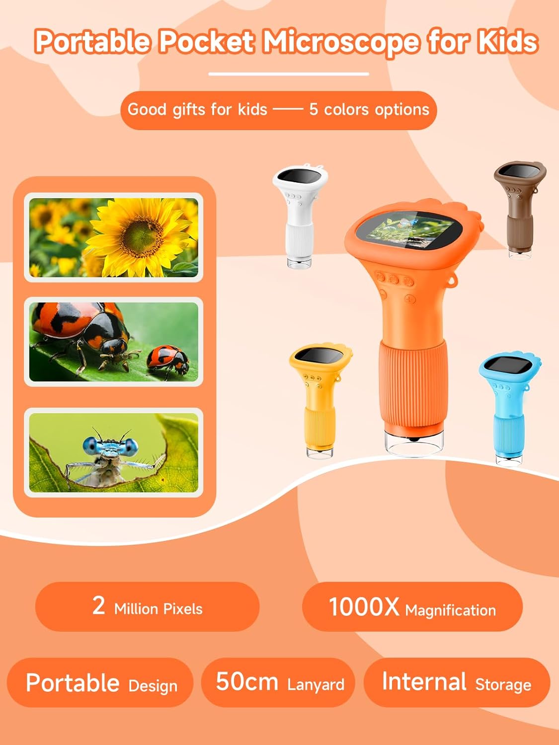 Acoath Microscope for Kids, 1000X Handheld Digital Miniscope with 2.0" Screen, Portable Pocket Microscope Education Toys Birthday Gifts for Age 3 4 5 6 7 8 9 10 Girls Boys