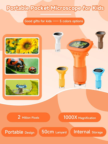 Acoath Microscope for Kids, 1000X Handheld Digital Miniscope with 2.0" Screen, Portable Pocket Microscope Education Toys Birthday Gifts for Age 3 4 5 6 7 8 9 10 Girls Boys