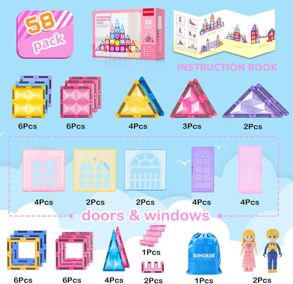 BENOKER Castle Magnetic Tiles, 3D Building Blocks STEM Educational Kids Toys for Pretend Play, 3 4 5 6 7 8 Year Old Birthday Gifts for Boys and Girls, Preschool Learning Toys for Christmas