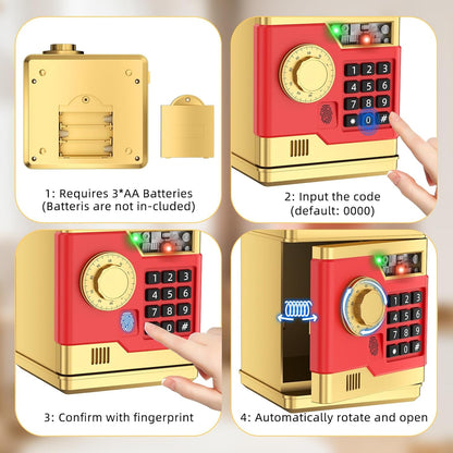 Piggy Bank, Automatic Electronic Piggy Bank for Kids Boys Girls with Password and Fingerprint Unlocking Simulation, Money Bank Kids Safe Toys for 3 4 5 6 7 8 9 10 Year Old Boy Girl (Black)