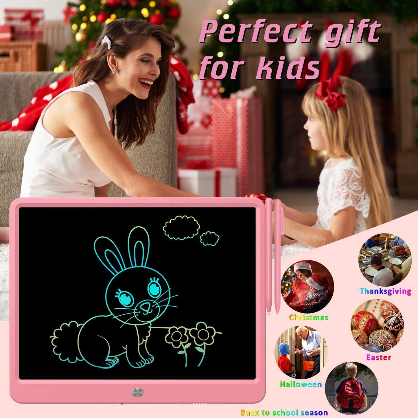 FLUESTON LCD Writing Tablet for Kids, 10 Inch Doodle Board, Colorful Drawing Pad for Toddler, Educational Travel Toy Gifts for 3-8 Year Old Girls Boys, Erase Lock Writing Board