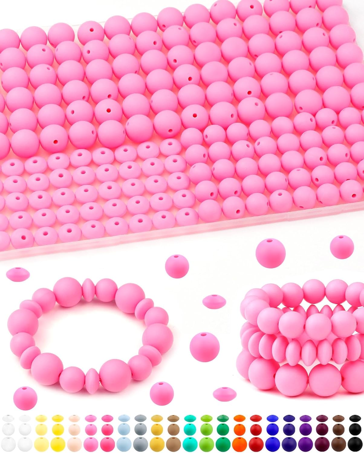 200Pcs FIVEIZERO Mixed Silicone Beads for Keychain Making, 12mm 15mm Round and 12mm Lentil Silicone Beads for Pens Bracelet Necklace DIY Crafts(Black)