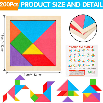 Soulchen 100 Pack Wooden Tangrams Puzzles Bulk for Student Shapes Puzzle Brain Logic Block for Tangram Game Geometric Pattern Block Toy Birthday Party Goody Bag Stuffers Educational Gifts for Adults