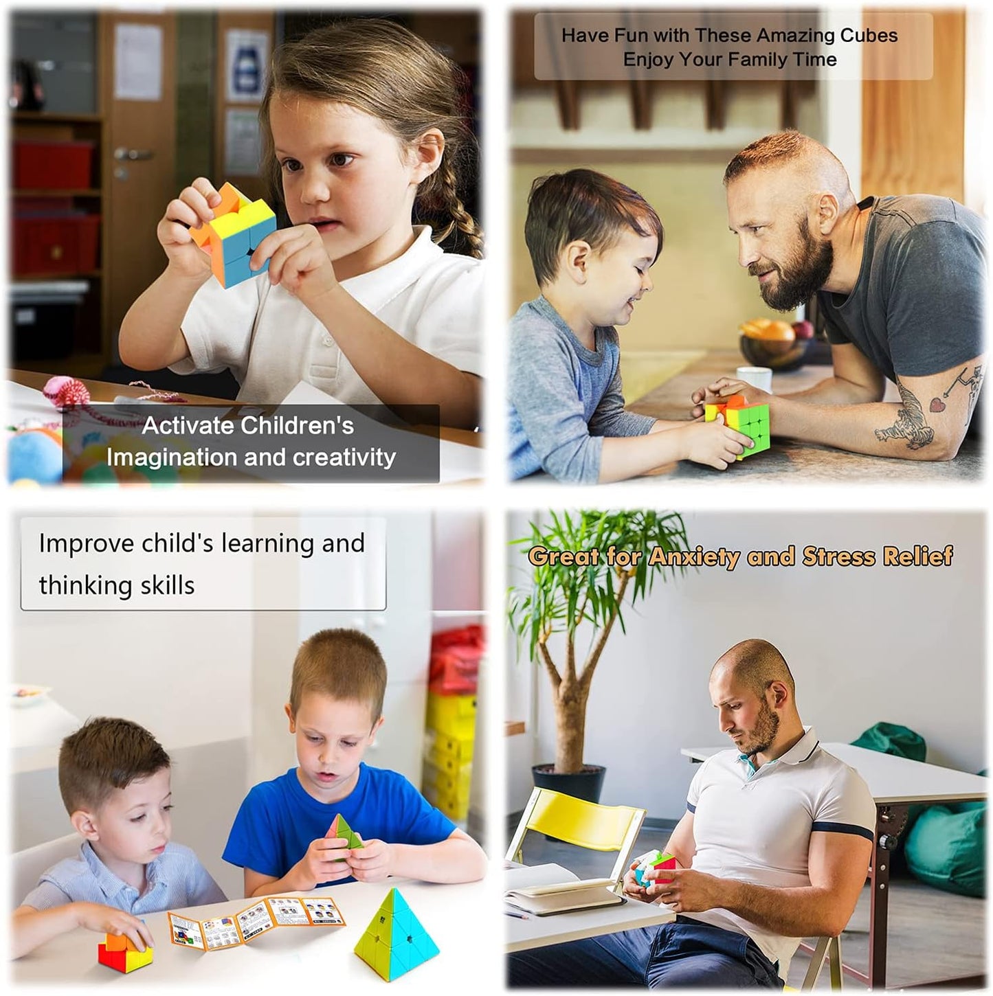 Roxenda Speed Cube Set, Speed Cube Pack of 2x2 3x3 4x4 5x5 Megaminx Skew Cube and Pyramid Cube Carbon Fiber Sticker Smoothly Magic Cubes Collection for Kids Teens & Adults [7 Pack]