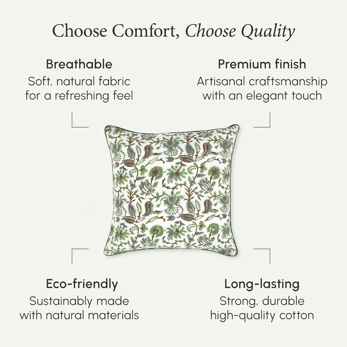 CPC 100% Cotton Throw Pillow Covers 18x18 Inch, Set of 2 Green Block Print Pattern Couch Pillow, Cute Boho Decorative Pillows for Living Room, Bedroom with Hidden Zipper- Agate Green