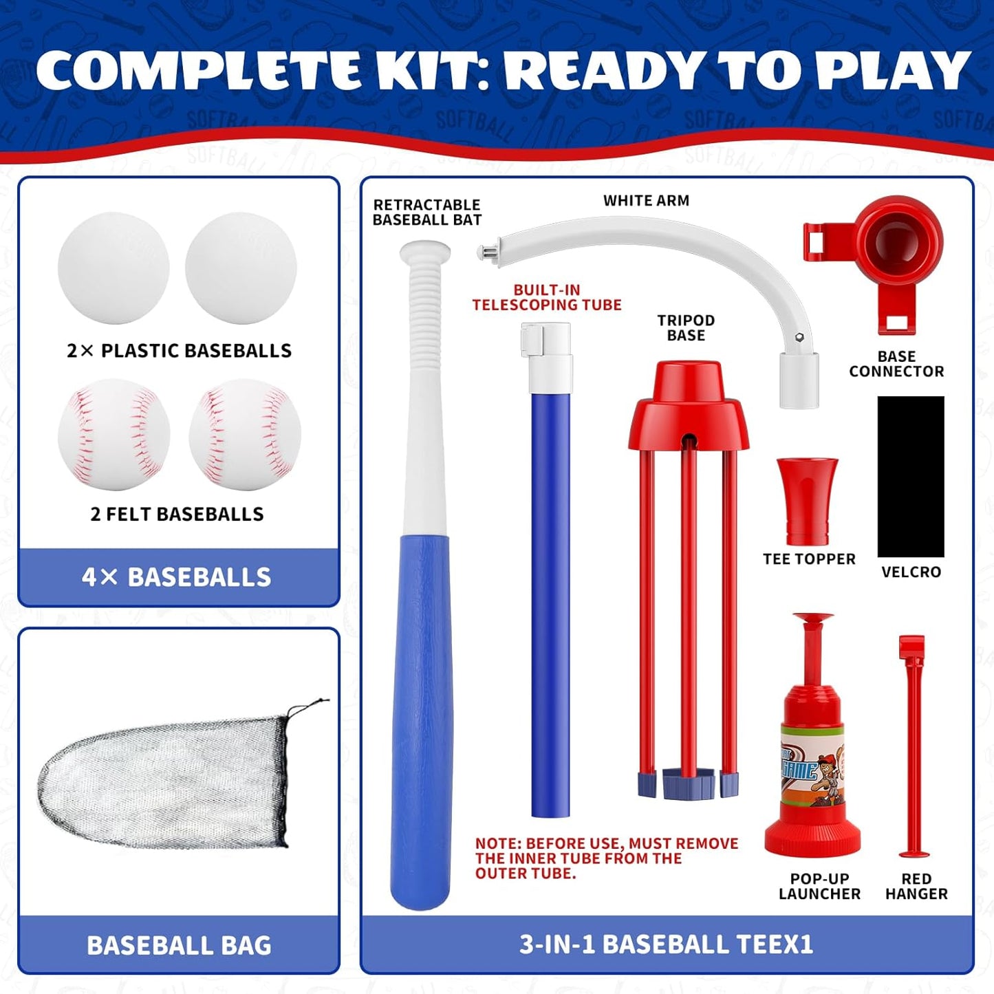3-in-1 T Ball Set for Kids 3-5, Adjustable Baseball Tee with Auto Ball Launcher, Hanging Stand & 4 Balls, Indoor/Outdoor Sports Toys Gifts for Boys Girls Ages 5-8