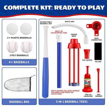 3-in-1 T Ball Set for Kids 3-5, Adjustable Baseball Tee with Auto Ball Launcher, Hanging Stand & 4 Balls, Indoor/Outdoor Sports Toys Gifts for Boys Girls Ages 5-8